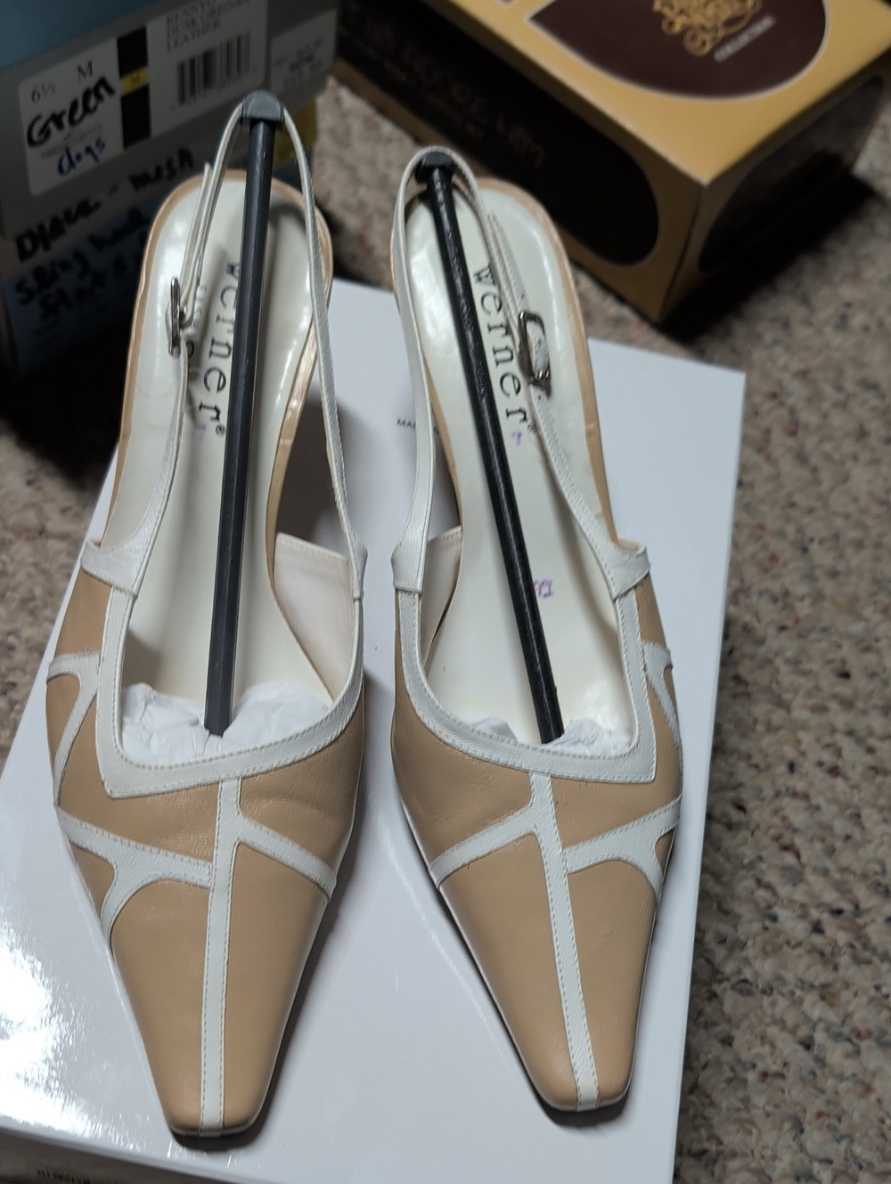 VTG Werner Brazil Two-Tone Geometric Leather Slingback Kitten Heels 7M